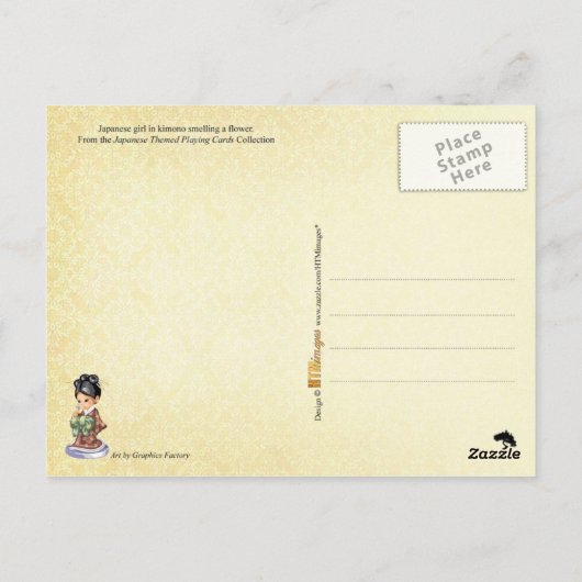 着物を着た日本人少女が花の香りを嗅ぐ ポストカード (裏面)