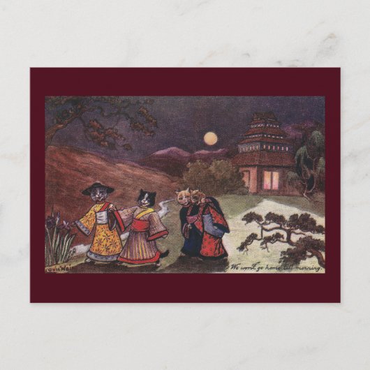 着物を着た猫は夜遅くまで散歩する ポストカード (正面)