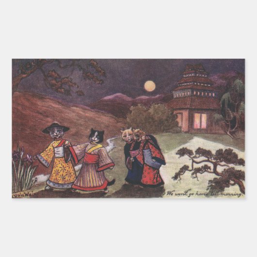 着物を着た猫は夜遅くまで散歩する 長方形シール (正面)