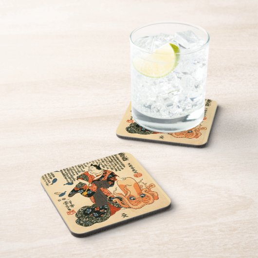 着物を着た猫・たこ国芳日本のファインアート コースター (右側)
