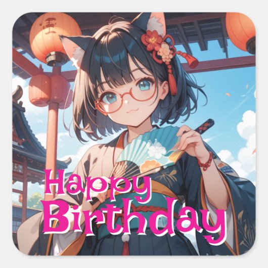 着物を着て扇子を持っている猫耳少女 スクエアシール (正面)