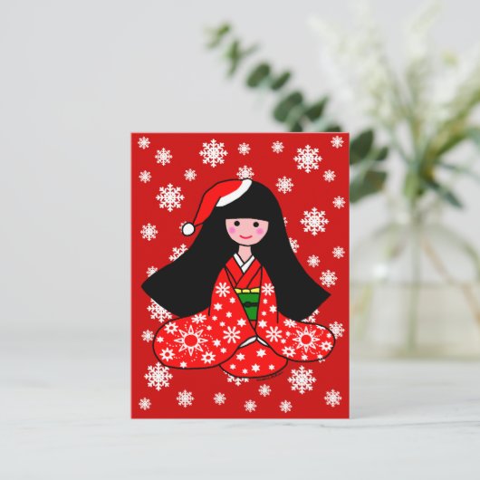 着物ガールクリスマス漫画イラストレーション シーズンポストカード (スタンド正面)