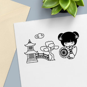 着物スクラップブックに登場するアジアの傘の少女 セルフインキングスタンプ