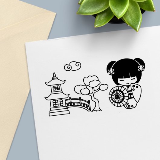 着物スクラップブックに登場するアジアの傘の少女 セルフインキングスタンプ