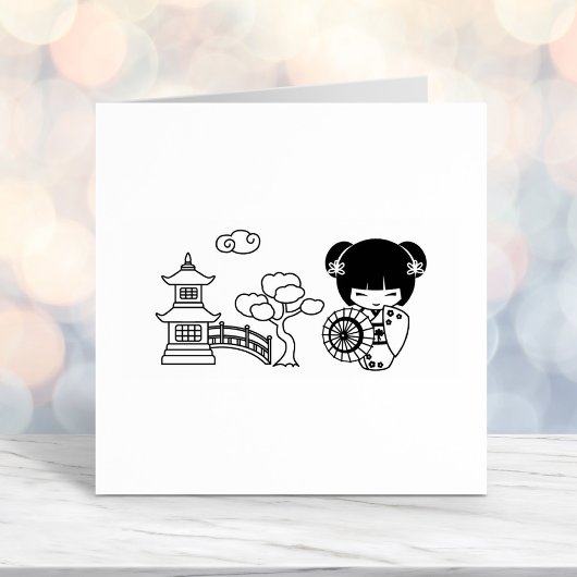 着物スクラップブックに登場するアジアの傘の少女 セルフインキングスタンプ