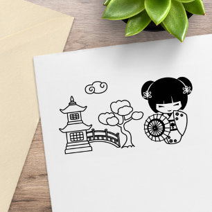 着物スクラップブックに登場するアジアの傘の芸者の少女 ラバースタンプ