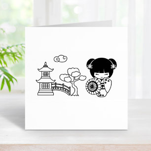 着物スクラップブックに登場するアジアの傘の芸者の少女 ラバースタンプ