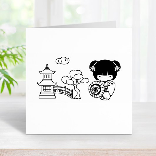 着物スクラップブックに登場するアジアの傘の芸者の少女 ラバースタンプ