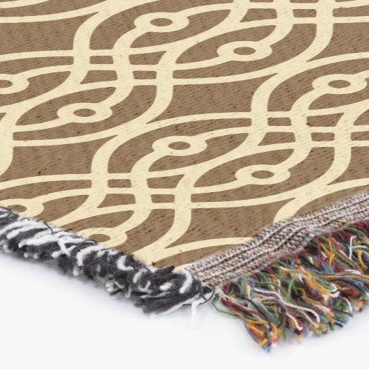 着物プリント、チョコレートブラウン、タン スローブランケット (コーナー)