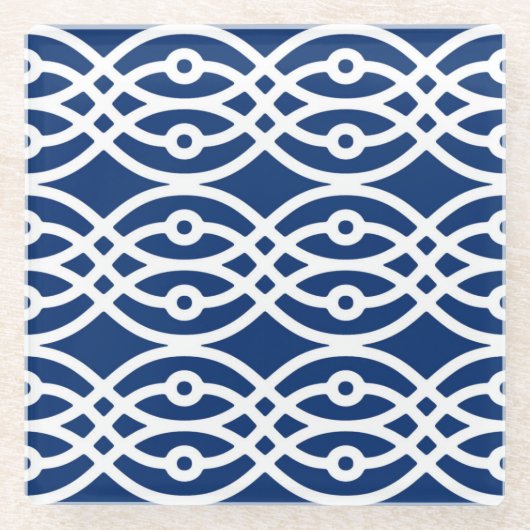 着物プリント、ネイビーブルーとホワイト ガラスコースター (正面)