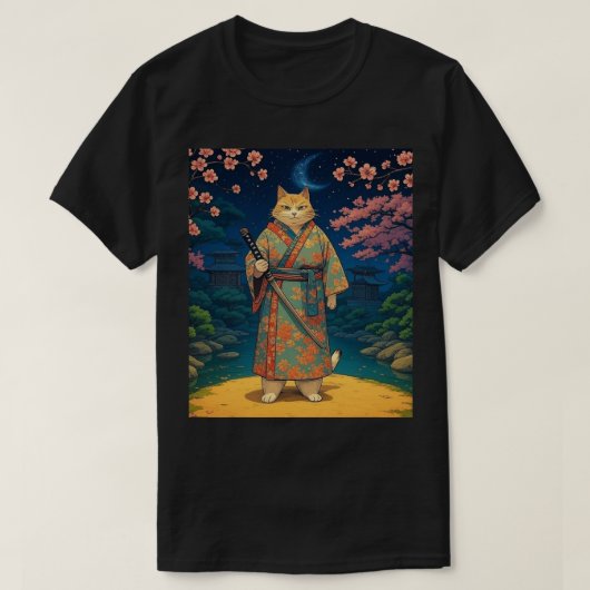 着物姿のサムライ猫 Tシャツ (デザイン正面)