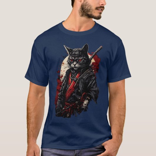 着物姿の血塗れデーモンサムライ猫 ギフト 少年 Tシャツ (正面)