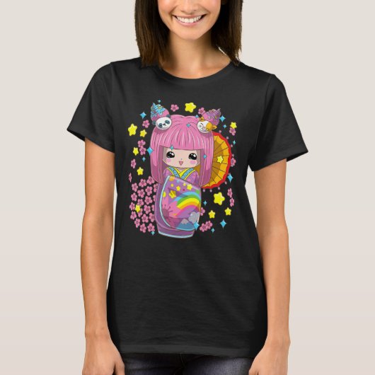 着物日本のこけし人形 Tシャツ (正面)