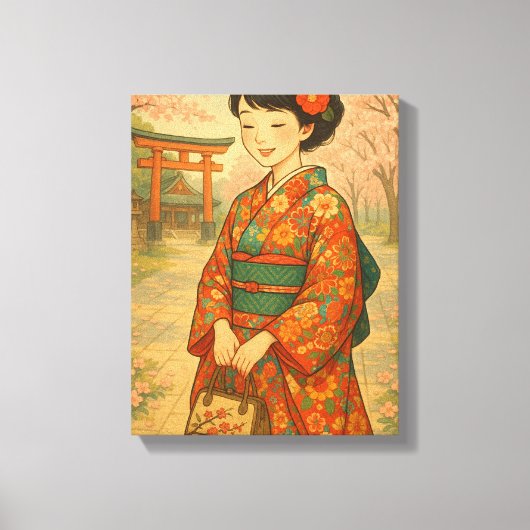 着物日本のとさくらんぼの花 キャンバスプリント (正面)
