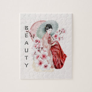着物日本のと桜の芸者の水色 ジグソーパズル