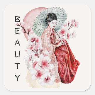 着物日本のと桜の芸者の水色 スクエアシール