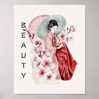 着物日本のと桜の芸者の水色 ポスター