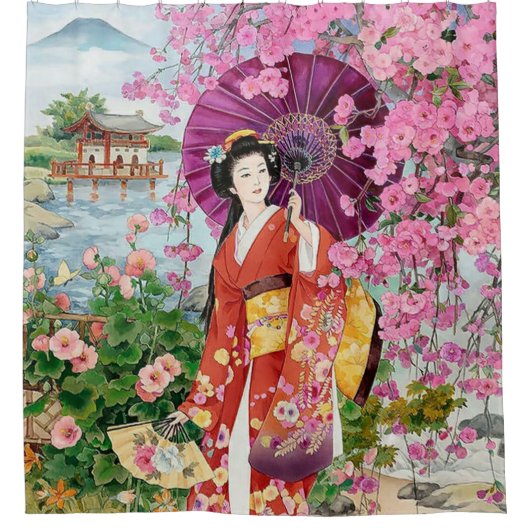 着物日本のの女性  シャワーカーテン (正面)