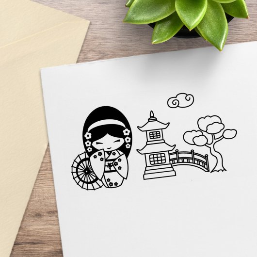 着物日本のスクラップブックに登場する傘の芸者ガール ラバースタンプ