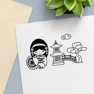 着物日本のスクラップブックの傘の少女 セルフインキングスタンプ