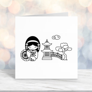 着物日本のスクラップブックの傘の少女 セルフインキングスタンプ