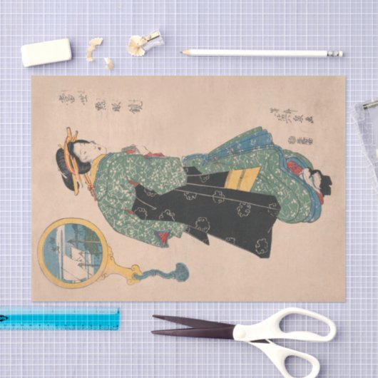 着物日本の女:浮世絵木版プリント 薄葉紙 (クラフト)