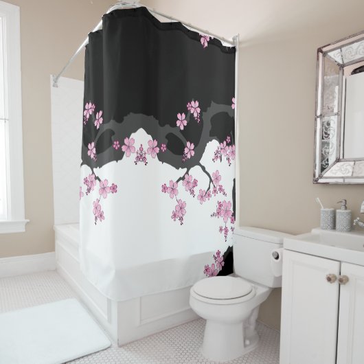 着物日本の白黒ピンク桜 シャワーカーテン (インサイチュ)