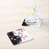 着物日本の白黒ピンク桜 スクエアペーパーコースター (インサイチュ)