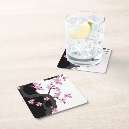 着物日本の白黒ピンク桜 スクエアペーパーコースター (インサイチュ)