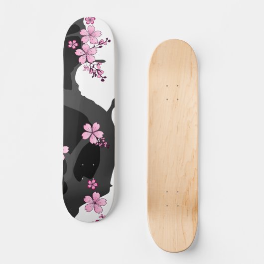 着物日本の白黒ピンク桜 スケートボード (正面)