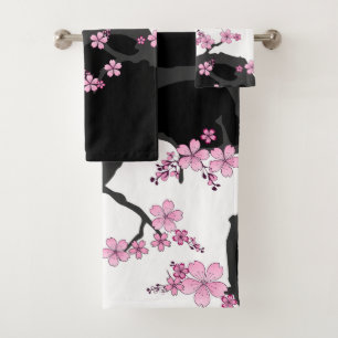 着物日本の白黒ピンク桜 バスタオルセット