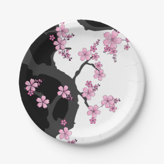 着物日本の白黒ピンク桜 ペーパープレート