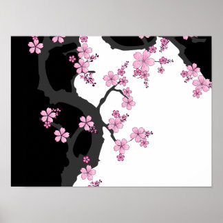 着物日本の白黒ピンク桜 ポスター