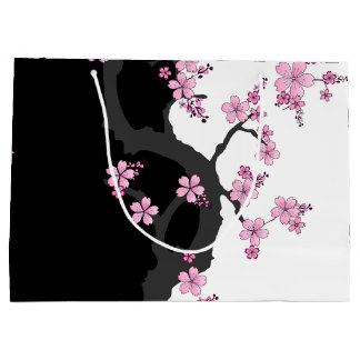 着物日本の白黒ピンク桜 ラージペーパーバッグ
