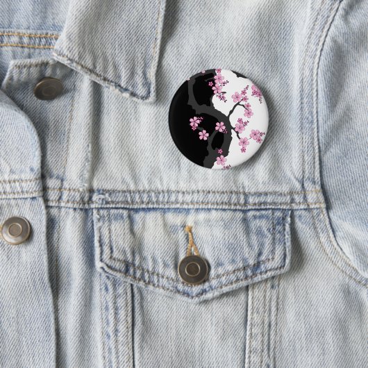 着物日本の白黒ピンク桜 缶バッジ (インサイチュ)