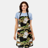 着物柄招き猫エプ日本のロンプリント エプロン (着用した状態)