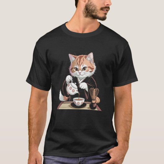 着物猫のお茶ウッドブロックアート Tシャツ (正面)