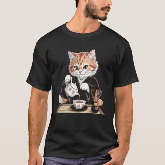 着物猫の紅茶ウッドブロックアート Tシャツ (正面)