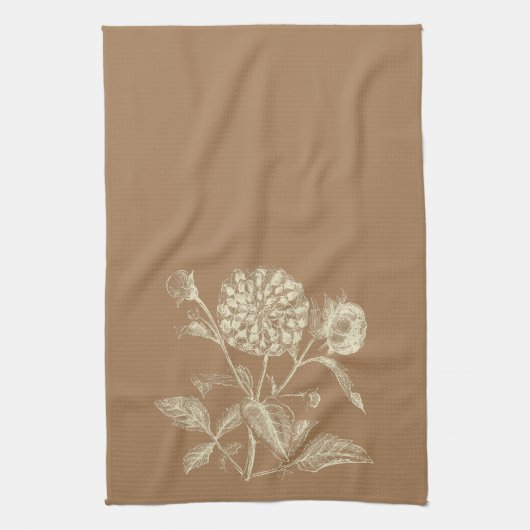 着色されたヴィンテージ《植物》百日草イラストレーションブラウン キッチンタオル (縦)