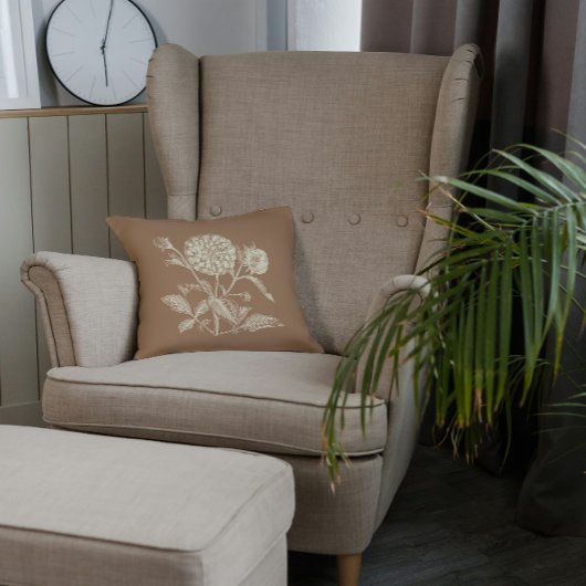 着色されたヴィンテージ《植物》百日草イラストレーションブラウン クッション