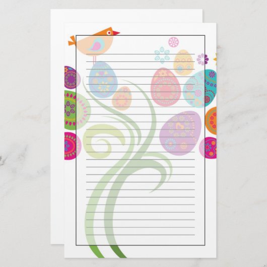 着色された卵および花が付いているイースター木 便箋 (正面/裏面)