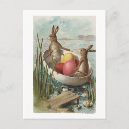 着色された卵が付いているボートのEasterBunnies シーズンポストカード (正面)