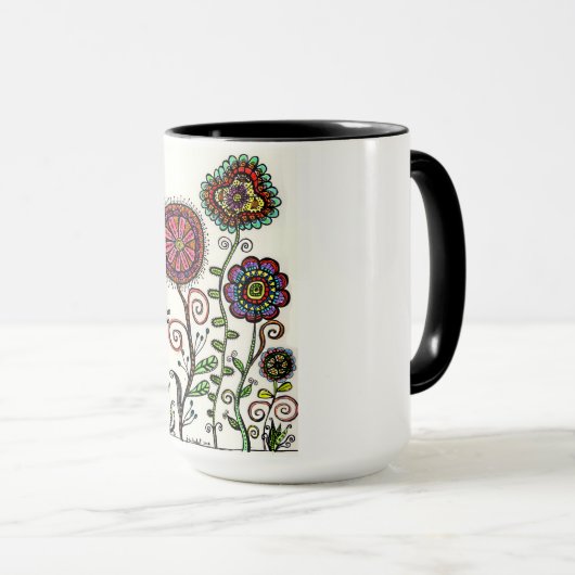 着色された花のトリオのオリジナルのアートワークのコーヒーカップ マグカップ (正面右)