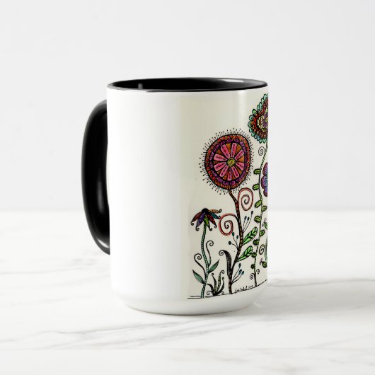 着色された花のトリオのオリジナルのアートワークのコーヒーカップ マグカップ (正面左)