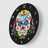 着色された花のメキシコ入れ墨の砂糖のスカル ラージ壁時計 (傾斜)