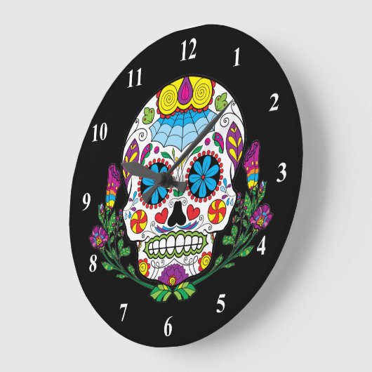 着色された花のメキシコ入れ墨の砂糖のスカル ラージ壁時計 (傾斜)