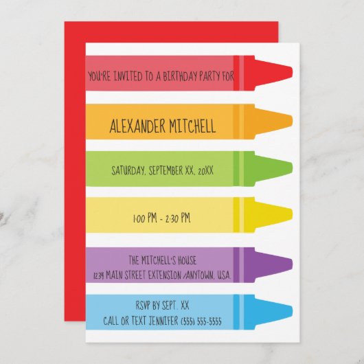 着色されるカラフルな虹は誕生会をクレヨンで彩色します 招待状 (正面/裏面)