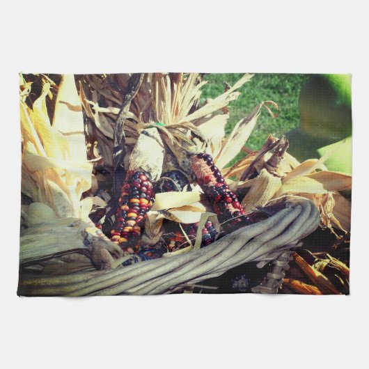 着色インディアンコーン入りウィッカーバスケット秋 キッチンタオル (横)