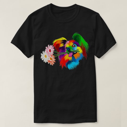 着色パピロン犬カラフル犬パピロン花 Tシャツ (デザイン正面)