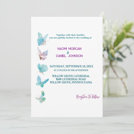 着色モダン蝶結婚式招待状 招待状 (スタンド正面)